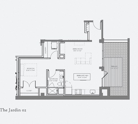 Floor plan for 1 bed, 1 bath, 736 sqft